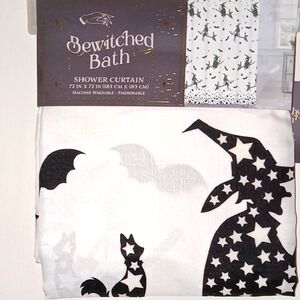 Bewitched Bath Shower Curtain with Witch and Cat Design Glows In The Dark